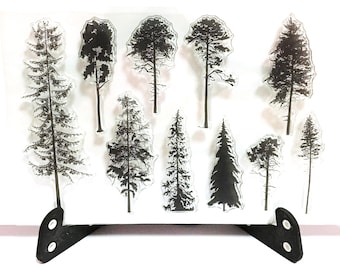 Boom stempel, bomen duidelijk transparante stempel, boom silhouet rubber stempel, planner dagboek, natuur, bos, stam, dennen, schaduw, achtergrond