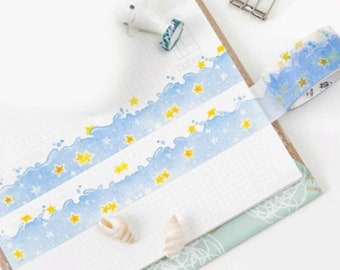 Estrella del mar Washi Tape, cinta de Washi de acuarela de mar estrellado, cinta de enmascarar japonesa Washi, azul, galaxia, estrellas, océano, río, brillo