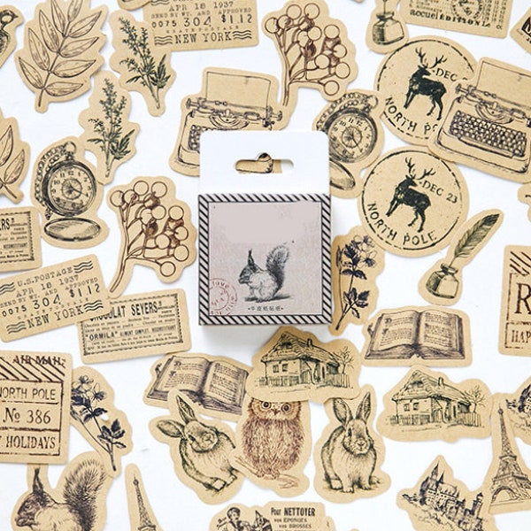 45 Pcs Forest Animal Kraft Sticker, Animals Sticker Flakes,  Stickers, Scrapbook, Rabbit, Vintage Typewriter, North Pole, Book, Quill