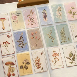 40 Pcs Botanicals Stamps Gold Foil Washi Sticker, Flowers Sticker, Scrapbook, journal, Journal Ephemera Garden, Grasses, Mushroom image 1