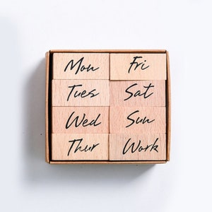 8er Set Wochenstempel, Wochenstempel aus Holz, Stempelgummi, Journal, Kalender, Datum, Wochentage, kursive Schrift, täglich