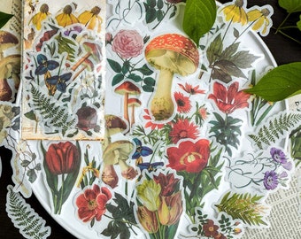 60 Pcs Retro Flowers Large Washi Sticker, Mushroom, Junk Journal Kit, Journal Ephemera, Botanicals, Summer, Nature Collection, Garden, Fungi