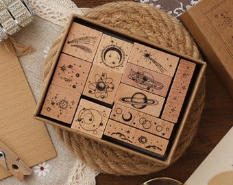 Set of 12 Celestial Stamp, Galaxy Wooden Stamp, Rubber Stamp, Wood Stamp, journal, Sun, Moon, Stars, Planet, Shooting Star, Crescent