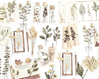40 Pcs Botanicals Clear Sticker, Junk Journal Kit, journal, Journal Ephemera, Apothecary, Flowers Collection, Floral, Bottle, Leaf