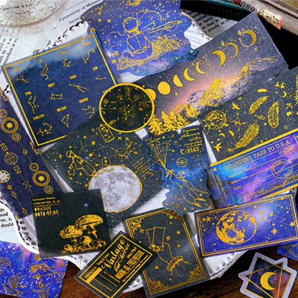 60 Pcs Galaxy Large Washi Sticker, Junk Journal Kit, Scrap book, journal, Ephemera, Gold Foil, Sky, Moon Eclipse, Full Moon, Stars