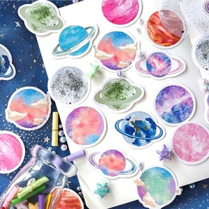 45 Pcs Planet Sticker, Galaxy Sticker, Travel Journal, Scrapbook, Ephemera, Junk Journal, journal, Moon, Planets. Sky, Universe image 1