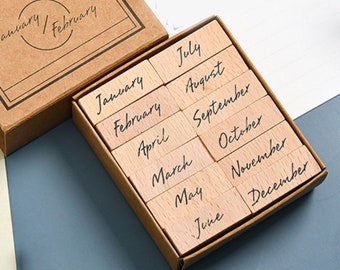 Set of 12 Month Stamp, Months of the Year Wooden Stamp, Rubber Stamp ...