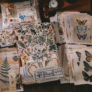 200 stuks Retro Nature Junk Journal Kit, Bloemen Sticker Pack, Memo Deco Papier, Ephemera, Vintage, Bladeren, Tuin, Bos, Bos, Vlinder afbeelding 1