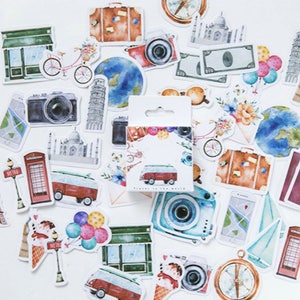 45 Pcs Travel World Sticker Pack, Wanderlust Watercolor Sticker , Roadtrip, Scrapbook, Passport, Retro Camera, Luggage, Journal Ephemera