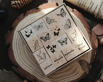 Set of 16 Butterfly Stamp, Butterflies Wooden Stamp, Rubber Stamp, Wood Stamp, journal, Planner, Insect, Garden, Nature, Sparkle