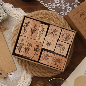 Set of 12 Flowers Stamp, Plants Wooden Stamp, Rubber Stamp, Wood Stamp, journal, Garden, Floral, Roses, Cotton, Tulip Flowers, Nature