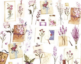 Op de afbeelding: Een vel met bloemen-thema stickers met aquarel illustraties van bloemen, bladeren en botanische elementen. De stickers zijn in verschillende kleuren, waaronder roze, paars, groen en bruin. De stickers zijn perfect om een vleugje whimsy en charme toe te voegen aan dagboeken, planners en andere papier ambachten.
