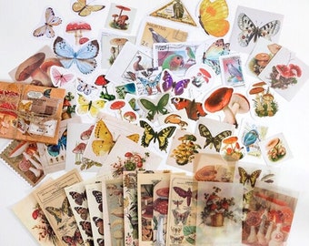 60 Pcs Retro Butterfly Junk Journal Kit, Mushroom Sticker Pack, Vellum, Memo Paper, Ephemera, Vintage Insects, Forest Woodland, Birds