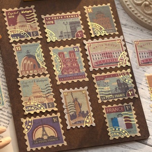 40 Pcs Stamps Gold Foil Washi Sticker, Landmark Sticker, Scrapbook, journal, Ephemera, Travel, Country, World, Postal, Postmark