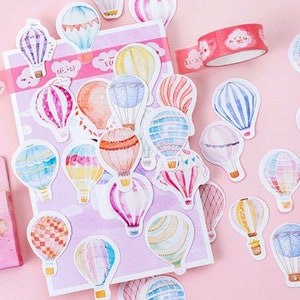 45 Pcs Hot Air Balloon Sticker Pack, Rainbow Colorful Sticker, Scrapbook, Junk Journal Kit, Journal Ephemera, Travel, Fly, Up, Away image 1