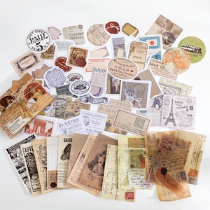 60 Pcs Retro Collage Junk Journal Kit, Label Tag Sticker Pack, Vellum, Memo Paper, Ephemera, Vintage Postcard, Airmail, Text, Letters, Mail