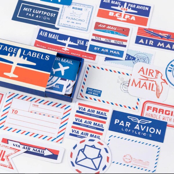 60 Pcs Airmail Sticker, Par Avion Stamp Sticker, Postal, Scrapbook, Junk Journal Ephemera, Postage Mail, Fragile, Writing, Envelope, Postmark