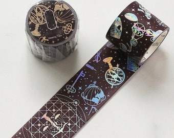 Astrología Holográfica Washi Tape, Galaxy Washi Tape, Cinta de enmascarar japonesa Washi, Mundo, Globo, Llave antigua, Pluma, Jaula, Brillo