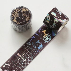 Astrology Holographic Washi Tape, Galaxy Washi Tape, Japanese Washi Masking Tape, World, Globe, Antique Key, Feather Quill, Cage, Sparkle