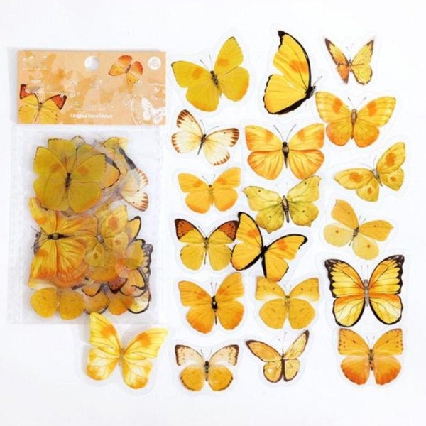 40 Pcs Yellow Butterfly Clear Sticker, Butterflies, journal, Junk Journal Kit, Ephemera Insects, Garden, Nature, Specimen, Wings