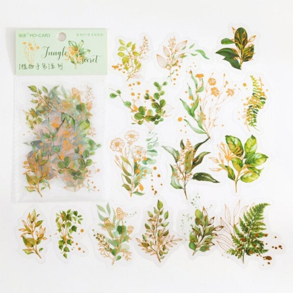 30 Pcs Green Leaves Gold Foil Clear Sticker, Floral Clear Sticker, Scrapbooking, journal, Junk Journal Kit, Watercolor, Botanicals