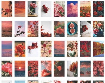 50 Pcs Red Aesthetic Washi Sticker, Sticker Pad, Booklet, Travel Journal, Flowers, Roses, Fields, Scenery, Sky, Clouds, Sea, Vacation