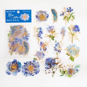 30 Pcs Blue Flowers Gold Foil Clear Sticker, Floral Clear Sticker, Scrapbooking, journal, Junk Journal Kit, Watercolor, Leaves