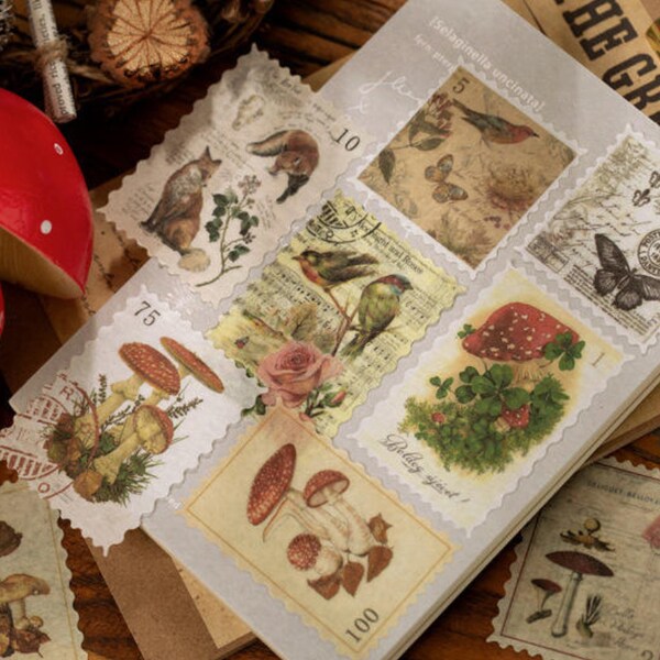 60 Pcs Retro Woodland Stamp Washi Sticker Pack, Forest, journal, Junk Journal, Ephemera, Mushroom, Fungi, Forest Animals, Insects