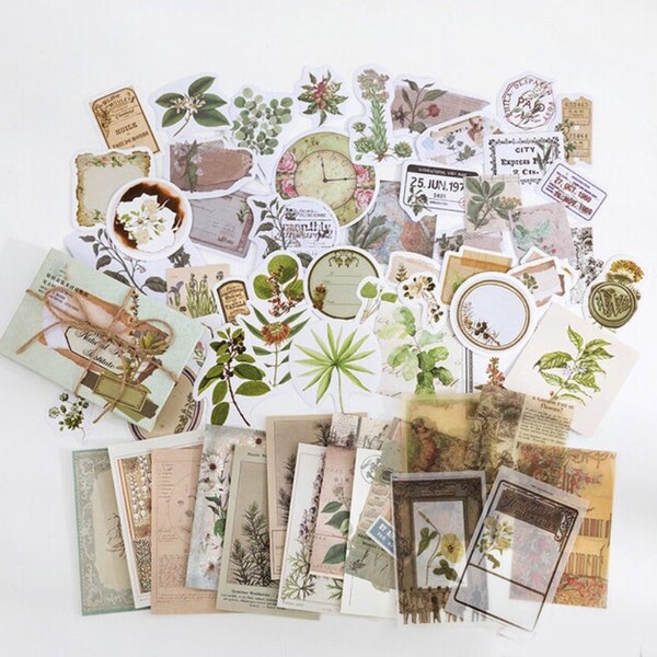60 Pcs Plants Junk Journal Kit, Foglia Sticker Pack, Velina, Memo Paper, Ephemera, Vintage Botanicals, Foglie, Fiori, Testo, Parole, Giardino