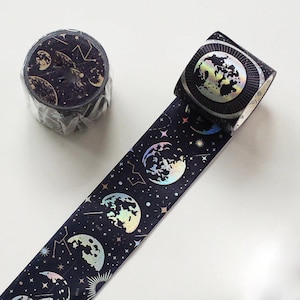 月の満ち欠けホログラフィック和紙テープ、ギャラクシー和紙テープ、神秘的、星座、空、月食、三日月、星、日記、コラージュ