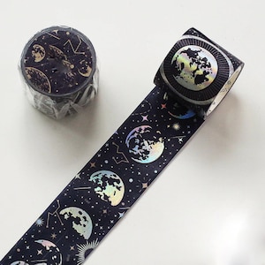 Moon Phases Holographic Washi Tape, Galaxy Washi Tape, Mystical, Constellations, Sky, Moon Eclipse, Crescent, Stars, Journal, Collage