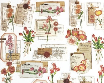 30 Pcs Botanicals Washi Sticker Pack, Roses Sticker, Scrap booking, journal, Junk Journal Kit, Ephemera, Flowers, Leaves, Letters