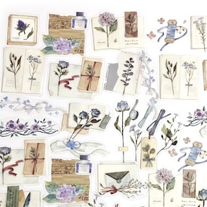 40 Stück Botanicals Klare Aufkleber, Junk Journal Kit, journal, Journal Ephemera, Apotheker, Getrocknete Blumen Sammlung, Floral, Tintenflasche