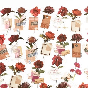30 Stück rote Blumen klar Aufkleber, Blumen PVC Aufkleber, Scrapbooking, Flora Fauna Aufkleber, Botanicals, Blätter, Blatt, Text, Kastanienbraun, Rosen