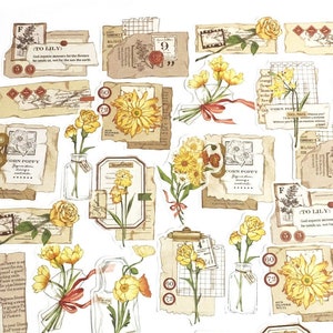 Lot de 30 autocollants botaniques en Washi, fleurs jaunes, réservation de ferraille, journal, journal éphémères, marguerite, feuilles, manuscrit, planchette à pince