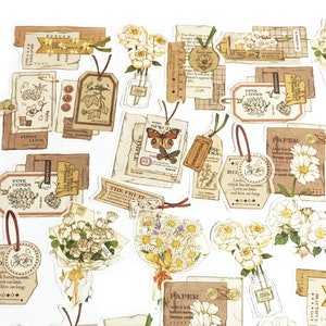 30 Stück Botanicals Washi Aufkleber, Junk Journal Kit, Scrapbook, Journal, Ephemera Rosen, Vase, Manuskript, Geschenkanhänger, Blumenstrauß