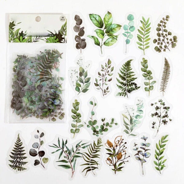 40 Pcs Green Leaves Clear Sticker, Ferns, journal, Junk Journal, Resin Art, Ephemera, Greenery, Fern Leaves, Eucalyptus,Tropical,Leaf