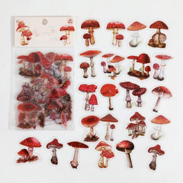 40 Pcs Red Mushrooms Clear Sticker, Fungi Sticker, journal, Journal Ephemera, Forest, Woodland, Gnome, Button Mushrooms, Polka Dots