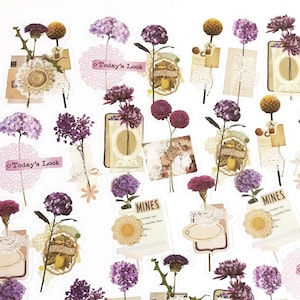 30 Stück Retro Blumen Klar Aufkleber, Blumen PVC Aufkleber, Scrapbooking, Flora Fauna Aufkleber, Botanicals, Blätter, Text, Lila, Hortensie