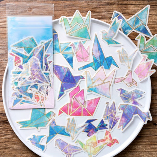 60 Pcs Origami Crane Gold Foil Sticker, Geometric Crane Watercolor Sticker Flakes, Travel Journal, Rainbow, Galaxy,Paper Crane,Washi Sticker