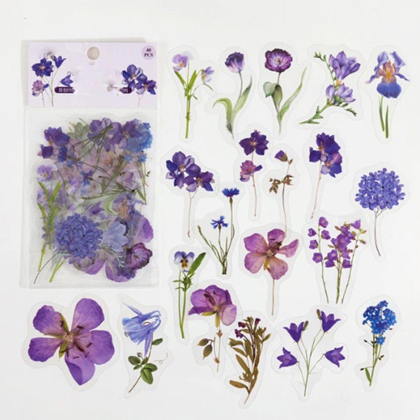 40 Pcs Purple Flowers Clear Sticker, Floral Clear Sticker, journal, Ephemera, Resin, Lavender, Violet, Hydrangea, Orchid, Stalk