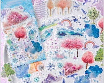 60 Pcs Forest Large Washi Sticker, Rainbow Sticker Flakes, Travel Journal, Nature, Spring, Summer, Autumn, Winter, Snowflake, Clouds, Leaves