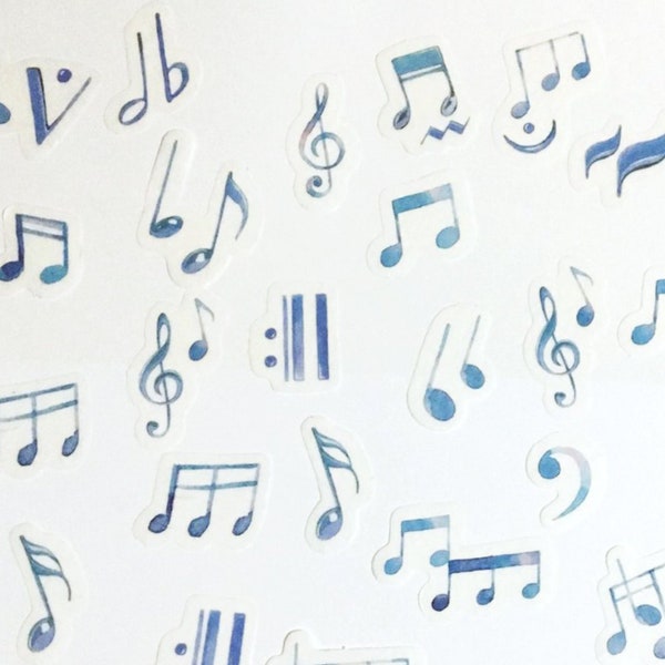 40 Pcs Musical Notes Washi Sticker, Blue Watercolor Sticker, journal, Ephemera, Treble Clef, Octave, Bar, Flat, Sheet Music, Note