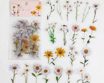 40 Pcs Daisy Flower Clear Sticker, Flowers Clear Sticker, journal, Journal Ephemera Floral, Daisies, White, Yellow, Stalk, Florist