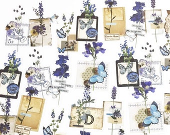 Op de afbeelding: Assortiment van vintage-stijl bloemen- en vlinderstickers met tekst zoals "Hoe donkerder de nacht, hoe helderder de sterren".