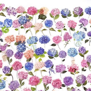 100 Stück Hortensien Blumen Aufkleber, Florale klare Aufkleber, Scrap Buchung, Junk Journal, Blumenblüte, Hortensien Blumen, Stiele, Blumenstrauß