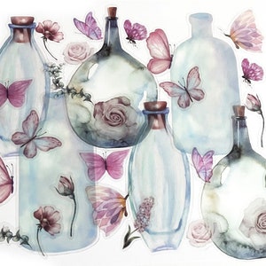 30 Stück Glasflasche Klar Aufkleber, Schmetterling, Scrapbook, journal, Junk Journal Kit, Ephemera, klare Flasche, Schmetterlinge, Wunsch Flasche