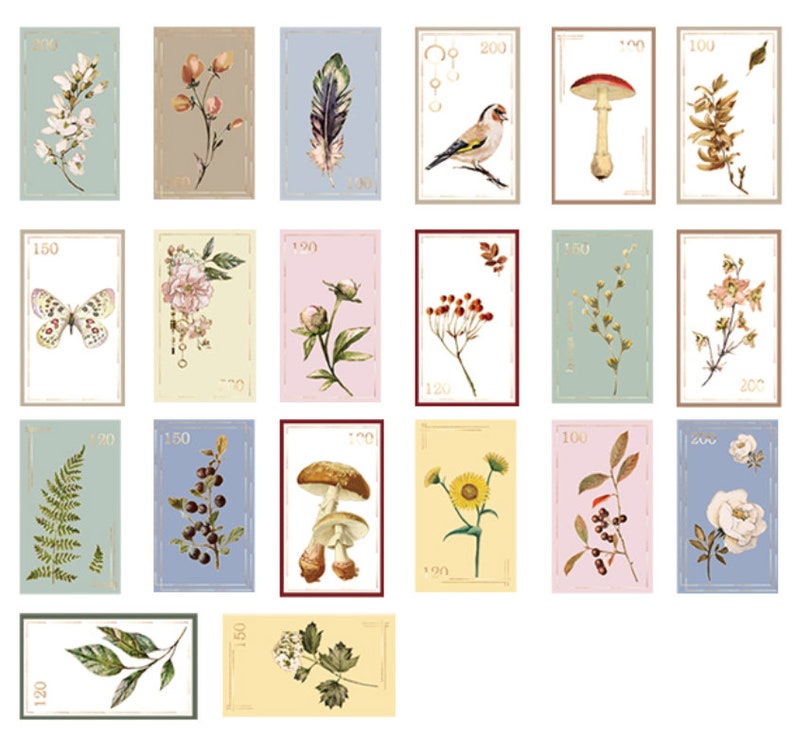 40 Pcs Botanicals Stamps Gold Foil Washi Sticker, Flowers Sticker, Scrapbook, journal, Journal Ephemera Garden, Grasses, Mushroom image 2