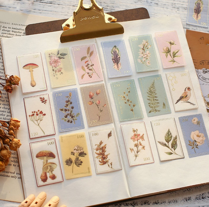 40 Pcs Botanicals Stamps Gold Foil Washi Sticker, Flowers Sticker, Scrapbook, journal, Journal Ephemera Garden, Grasses, Mushroom image 1