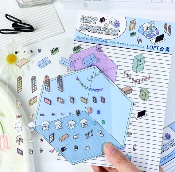 4 Sets Autocollants 3D Maison DIY | Scènes Miniatures Café Chat, Librairie - Loisir Créatif Adulte